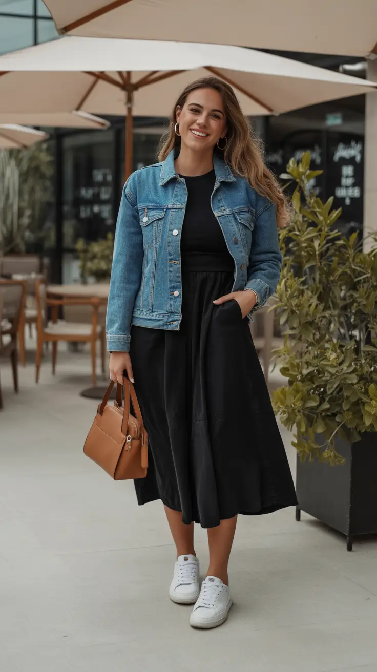 spring outfit with sneakers 2026 Denim Jacket Ease With a Classic Black Skirt Flow