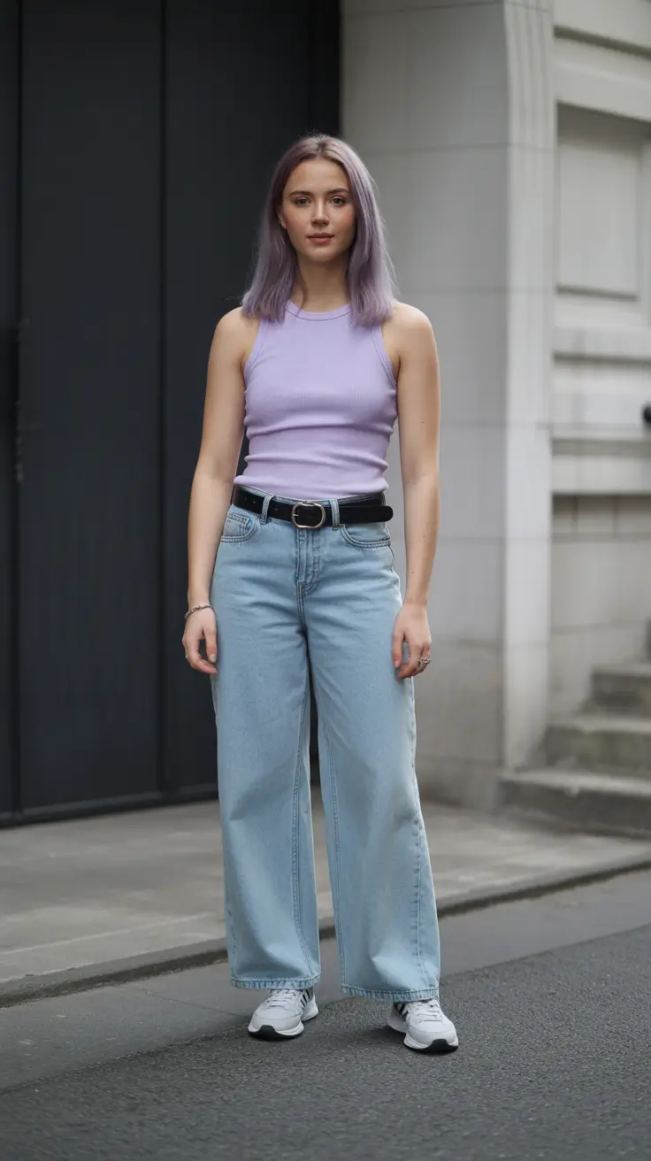 spring outfit with sneakers 2026 Soft Lilac Simplicity With Wide-Leg Denim Ease