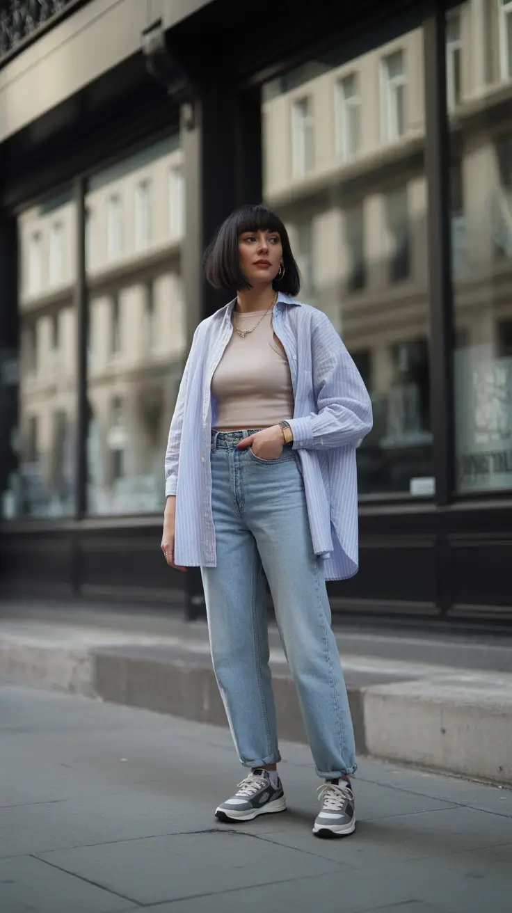 spring outfit with sneakers 2026 Striped Shirt Ease With Subtle Streetwear Energy