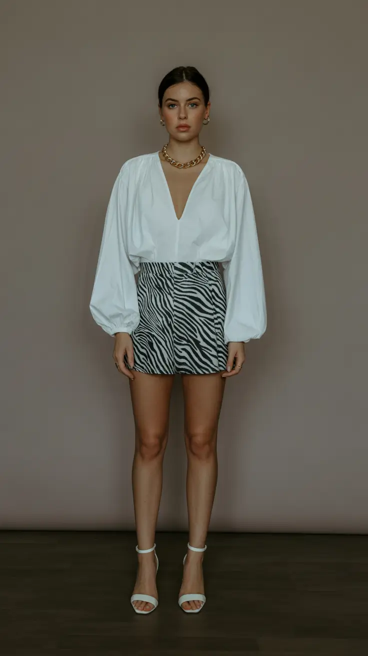 dreamy spring birthday outfit 2026 Voluminous White Blouse and Zebra Mini for a Modern Spring Twist