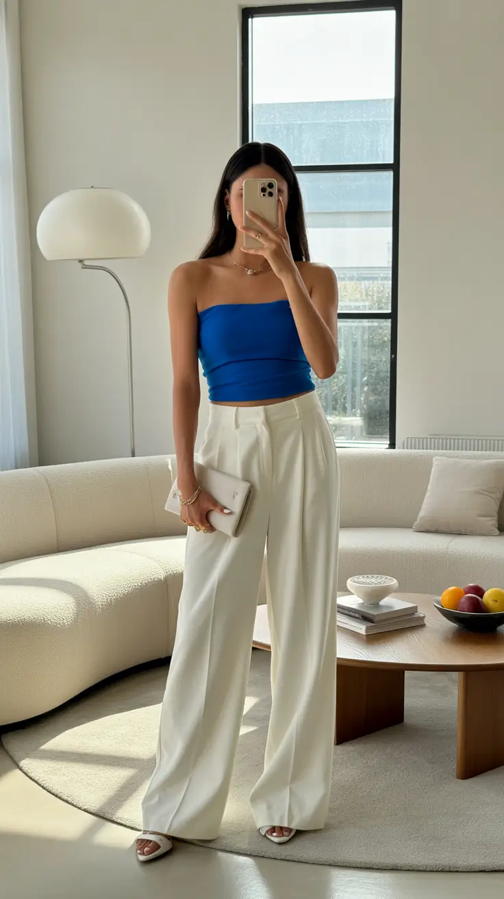 dreamy spring birthday outfit 2026 Classic Blue Strapless Top With Flowing Tailored White Pants