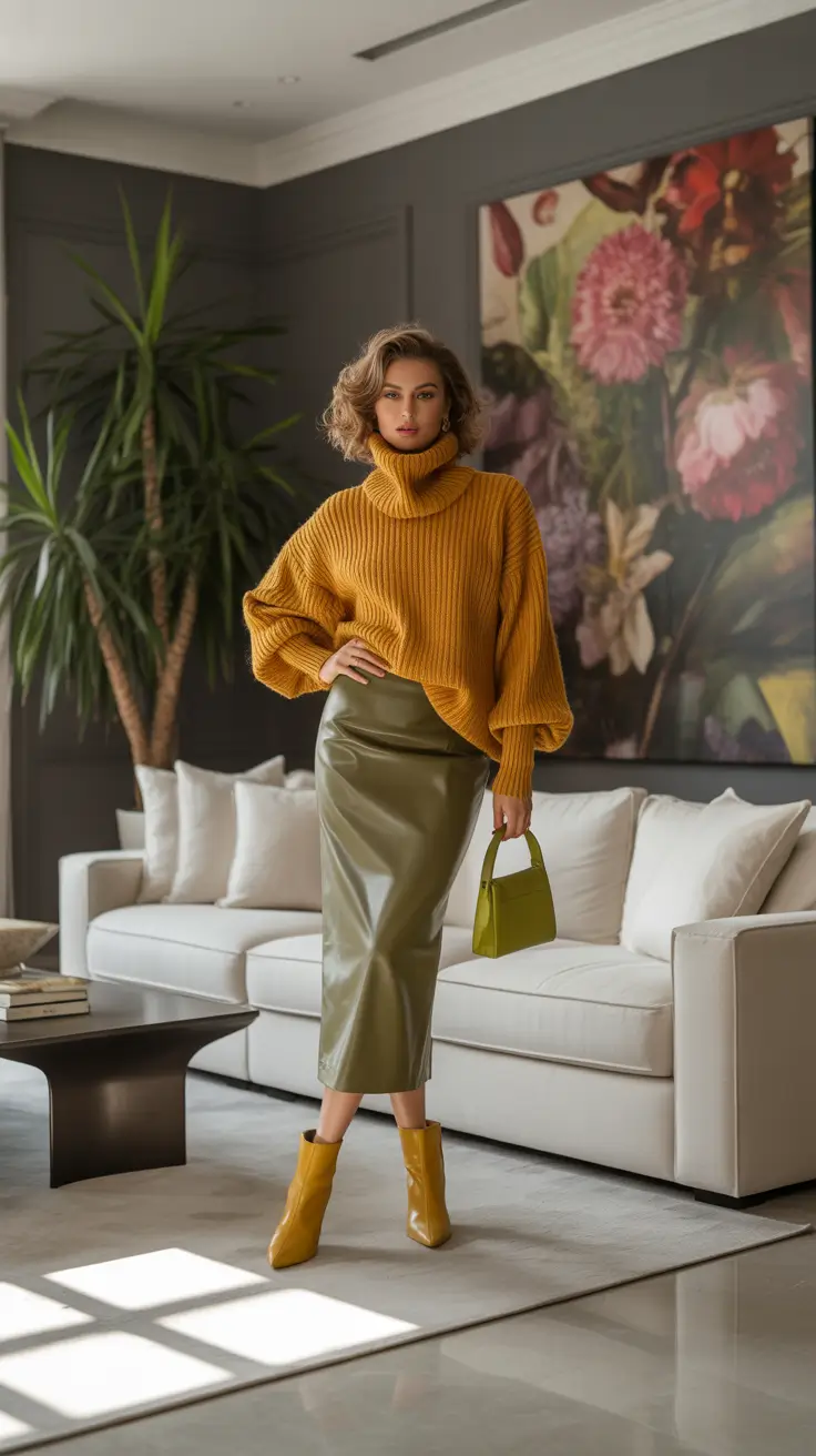 Night Warm Mustard Knit With Bold Olive Leather