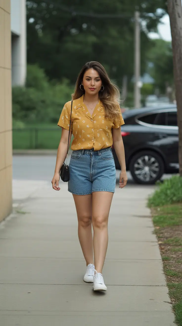 casual-spring-mom-outfits-2026-Sunny-Button-Down-and-Denim-Shorts-for-Easy-Spring-Brightness