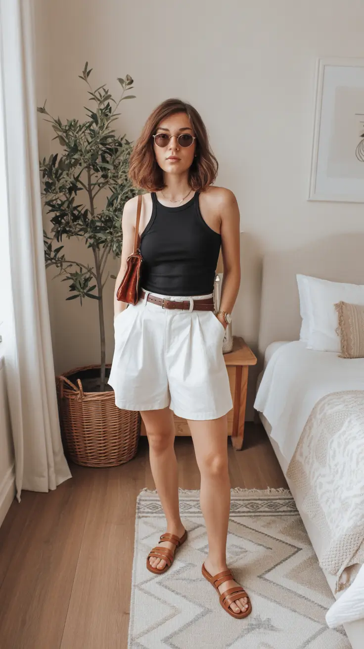 casual-spring-mom-outfits-2026-Black-Tank-and-Tailored-White-Shorts-for-Clean-Minimal-Cool