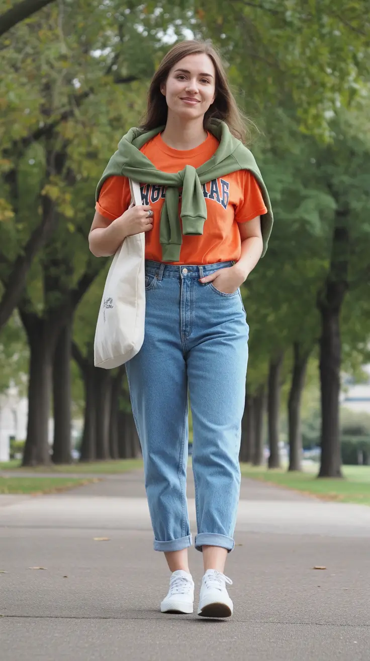 casual-spring-mom-outfits-2026-Graphic-Orange-Tee-and-Blue-Denim-With-a-Sporty-Spring-Twist