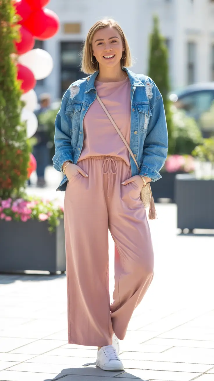 casual-spring-mom-outfits-2026-Soft-Pink-Loungewear-and-a-Denim-Jacket-for-Relaxed-Spring-Comfort