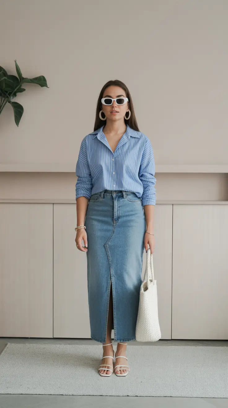 casual-spring-mom-outfits-2026-Denim-Skirt-Elegance-With-a-Relaxed-Shirt-Twist