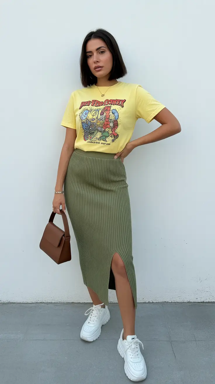 casual-spring-mom-outfits-2026-Ribbed-Midi-Skirt-With-a-Playful-Graphic-Twist