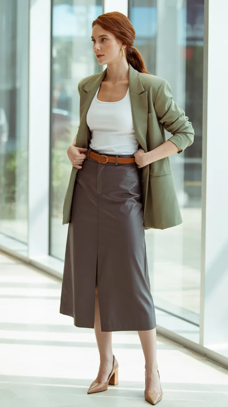 Spring-2026-Polished-office-outfits-Olive-Blazer-With-a-Structured-Midi-Skirt