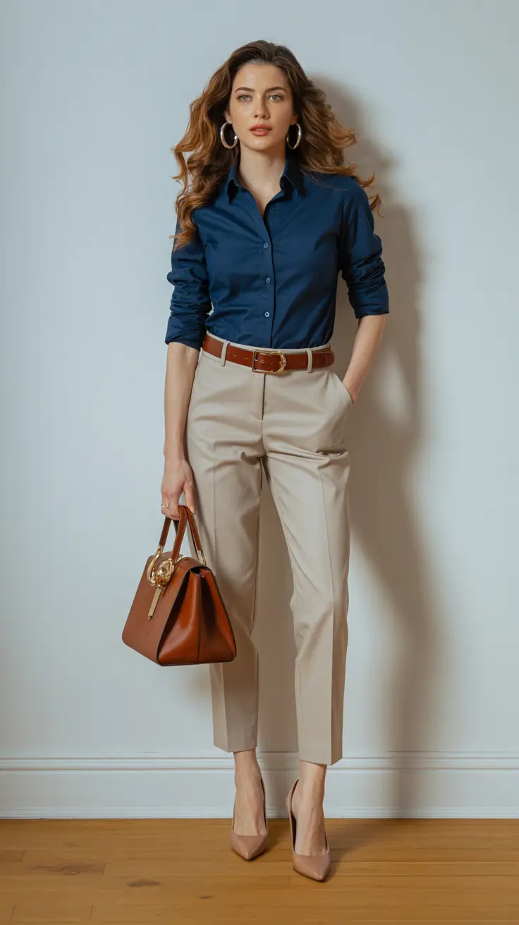 Spring-2026-Polished-office-outfits-Navy-Button-Down-With-Cream-Tailored-Trousers