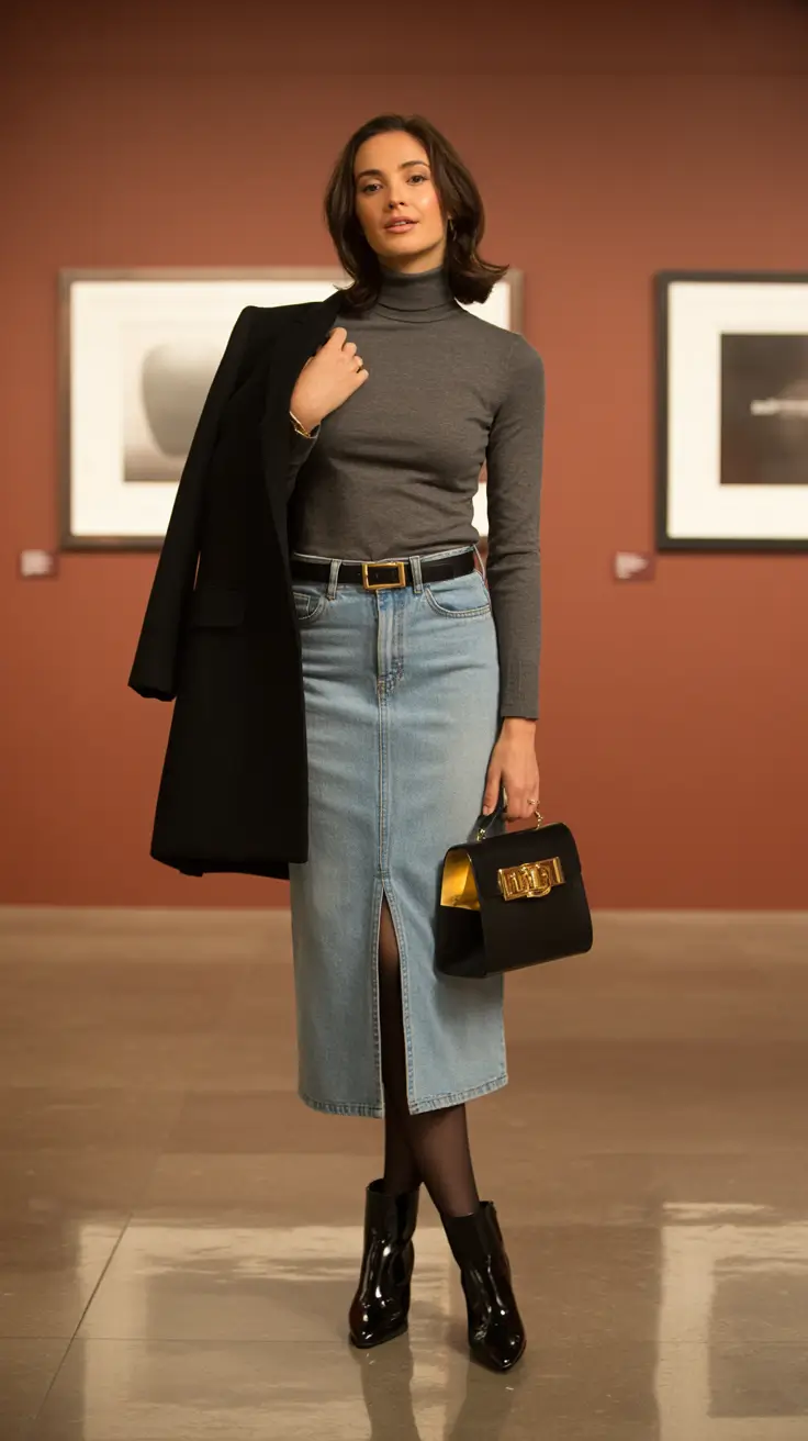 Spring-2026-Polished-office-outfits-Grey-Turtleneck-With-a-Denim-Midi-Skirt