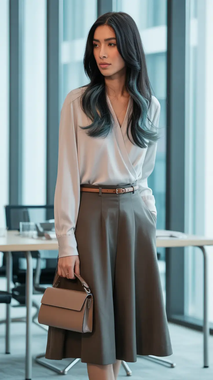 Spring-2026-Polished-office-outfits-Refined-Wrap-Blouse-with-Flowing-A-Line-Skirt