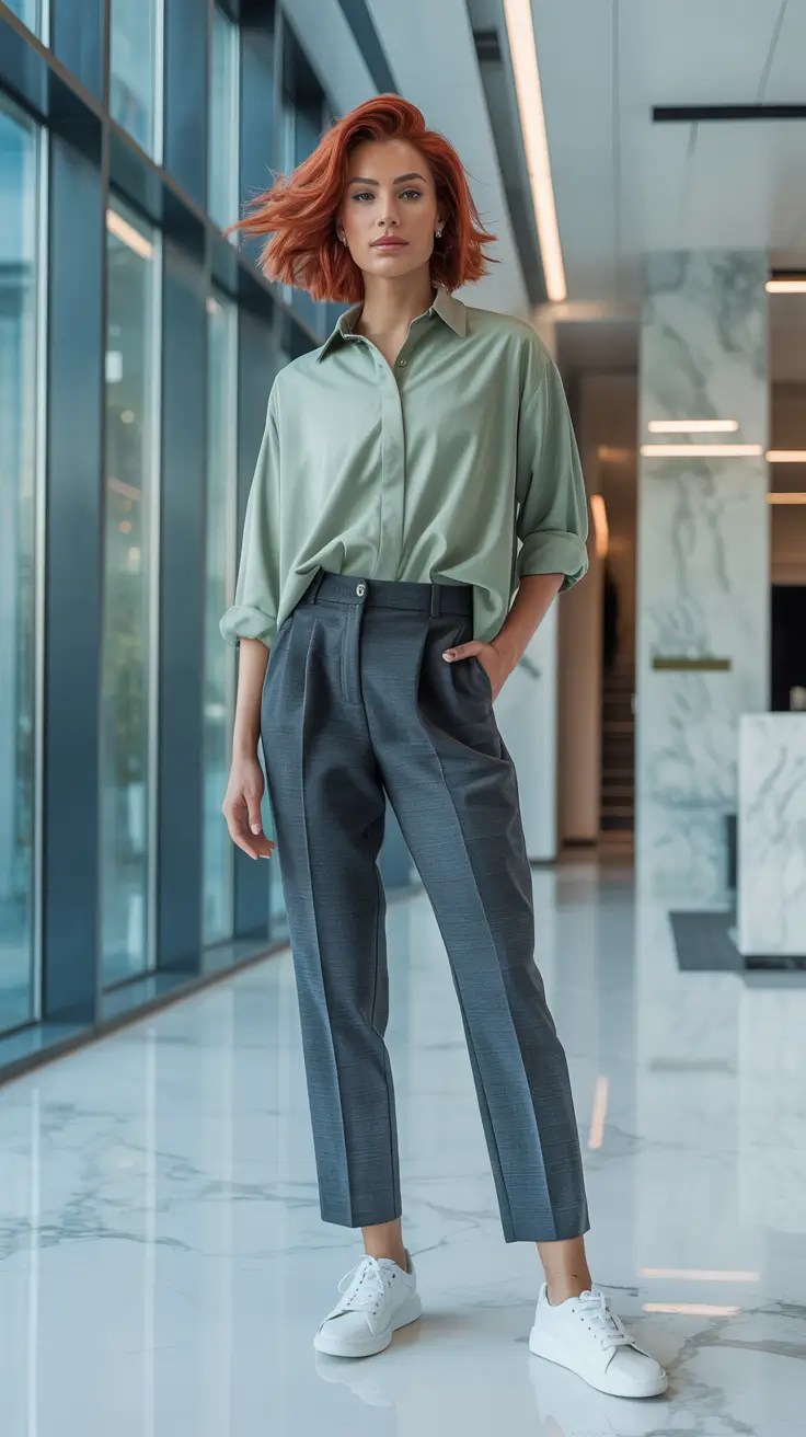 Spring-2026-Polished-office-outfits-Relaxed-Sage-Shirt-With-Tailored-Trousers