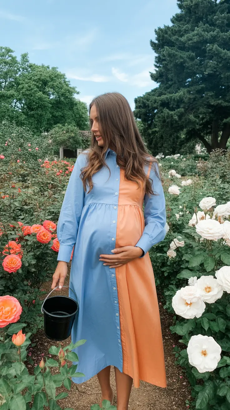 Maternity Color-Blocked Shirt Dress for Garden Stroll Days