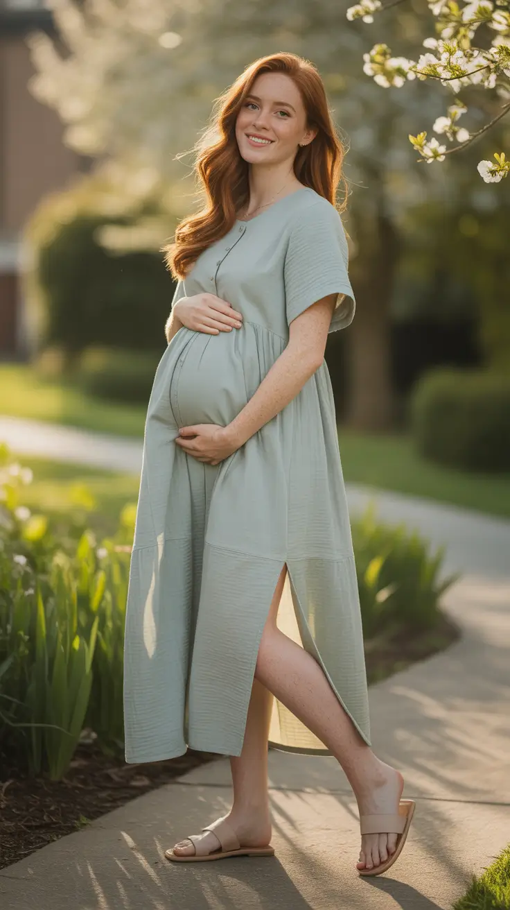 Maternity Soft Sage Midi Dress With Sunlit Simplicity