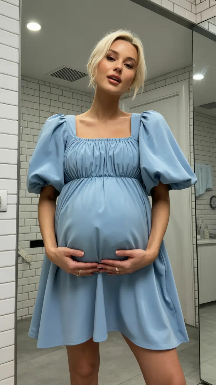 Maternity Powder-Blue Puff-Sleeve Dress With Gentle Volume