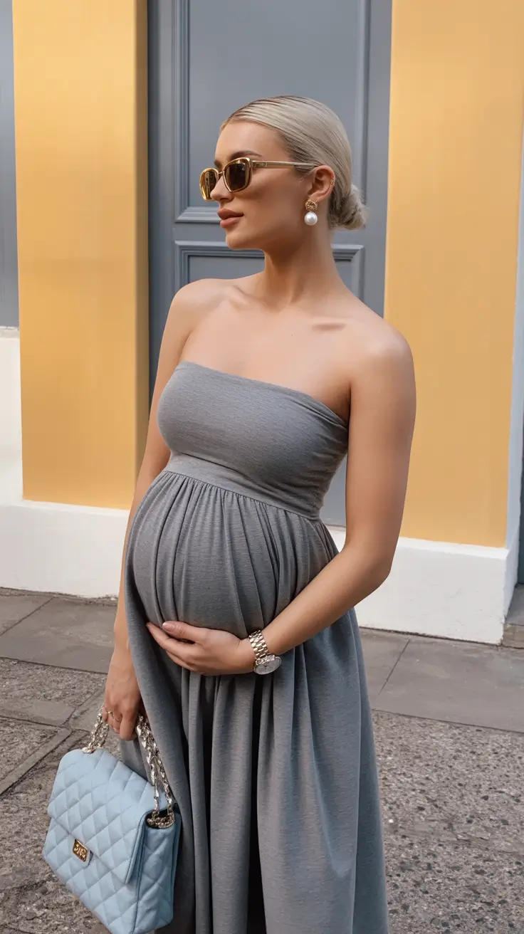 Maternity Strapless Gray Maxi for Elevated Spring Minimalism