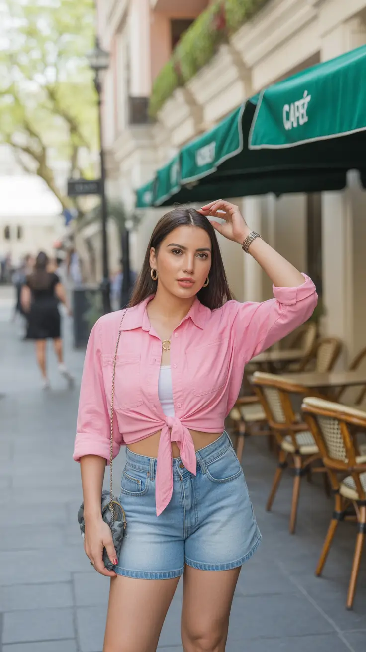 Topic Pink Tie-Front Shirt and Denim Shorts Charm