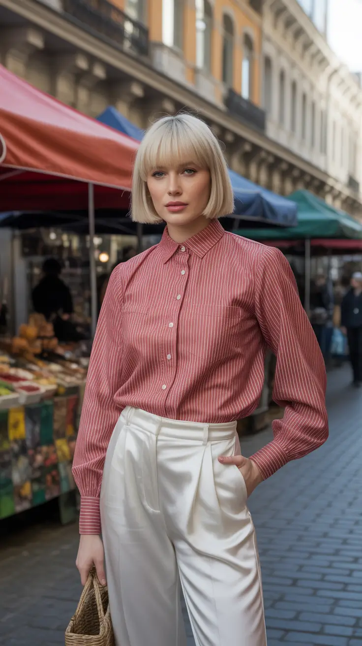 Topic Striped Blouse and Satin Trousers For Modern Softness