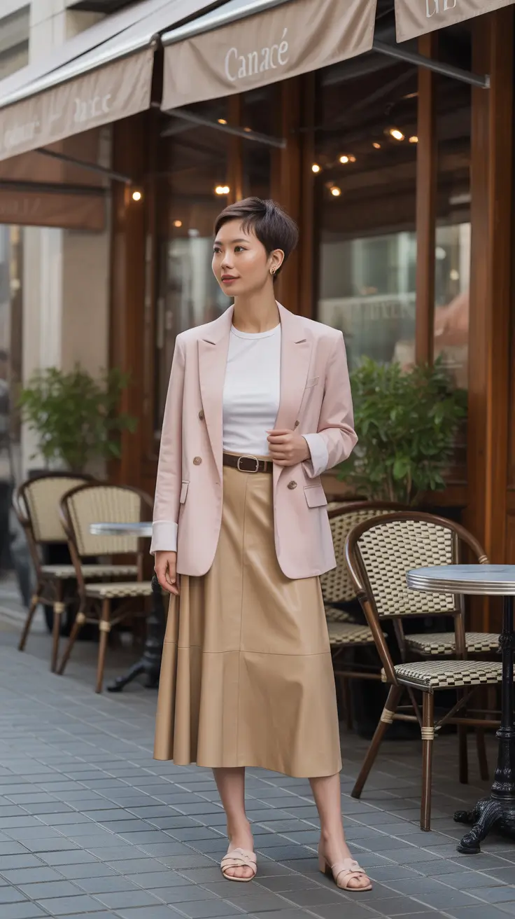 Topic Blush Blazer and Tan Midi Skirt Softtailoring