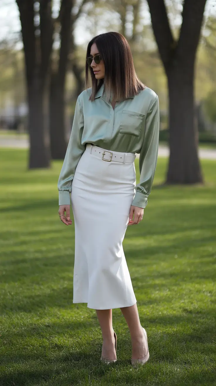 Topic Sage Satin and White Midi Skirt Modern Refinement