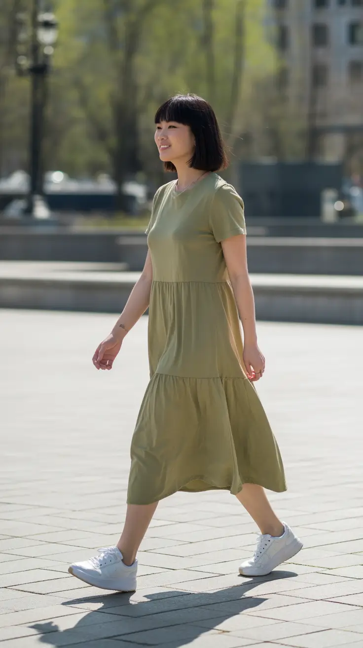 Topic Soft Olive Dress With Relaxed Movement