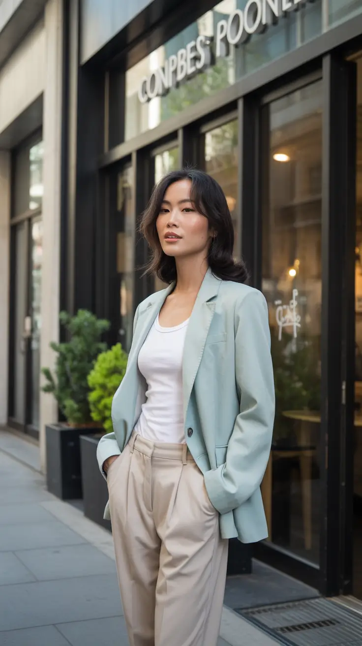 Topic Mint Blazer and Neutral Tailored Trousers