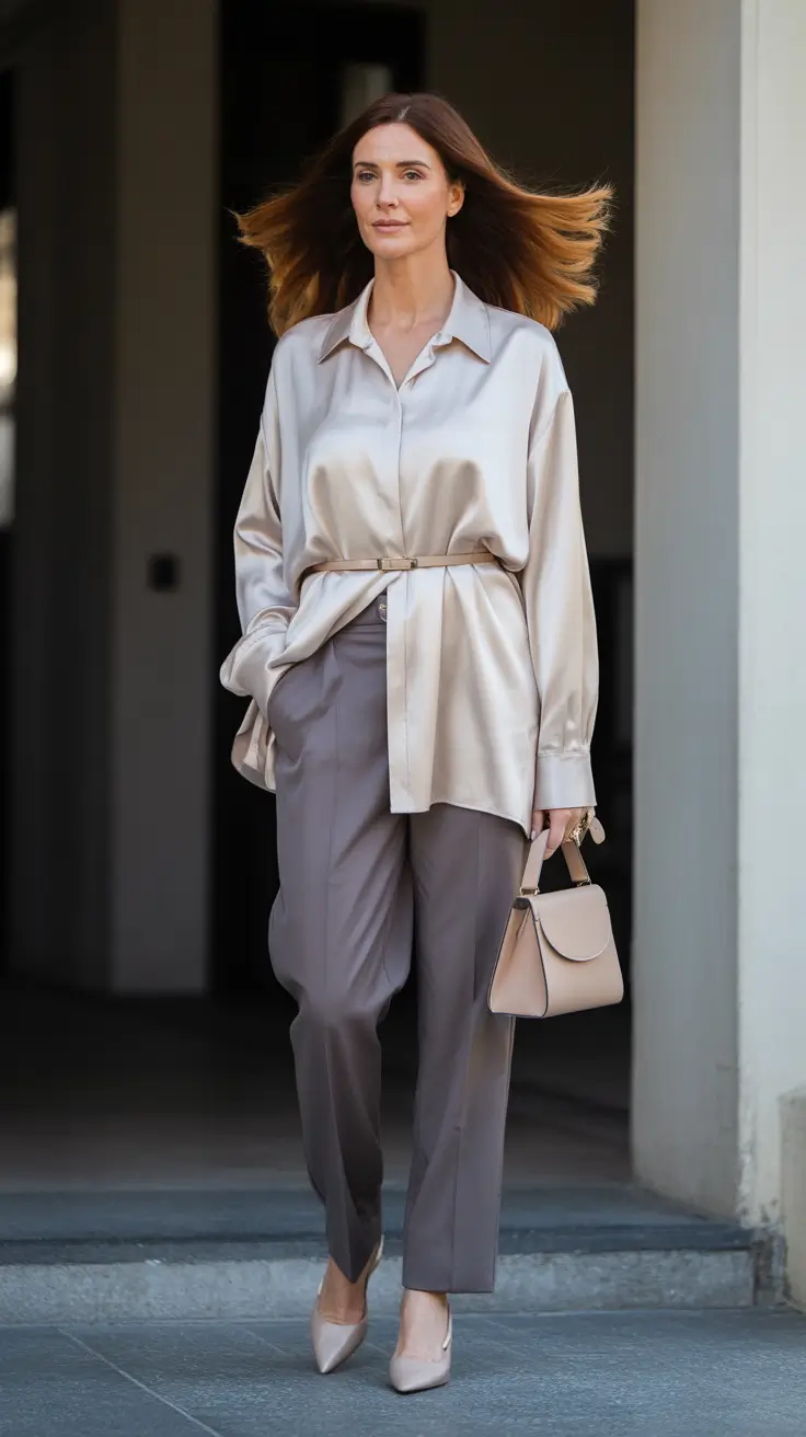 Spring Satin Refinement - Satin Shirt and Tailored Pants for Modern Spring Refinement