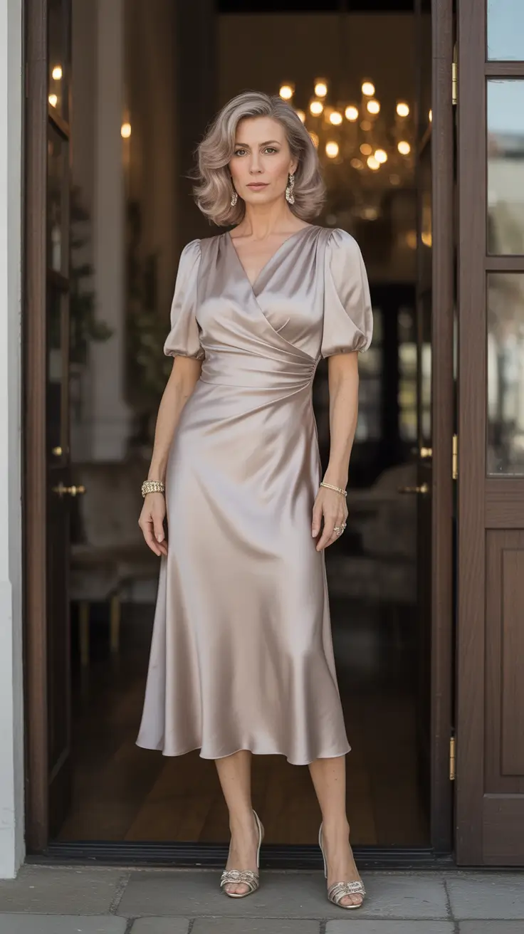 glam spring outfits for women over 50 2026 - Soft Satin Elegance in a Sculpted Midi