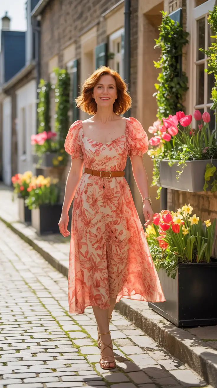 glam spring outfits for women over 50 2026 - Peach-Floral Puff-Sleeve Midi Dress