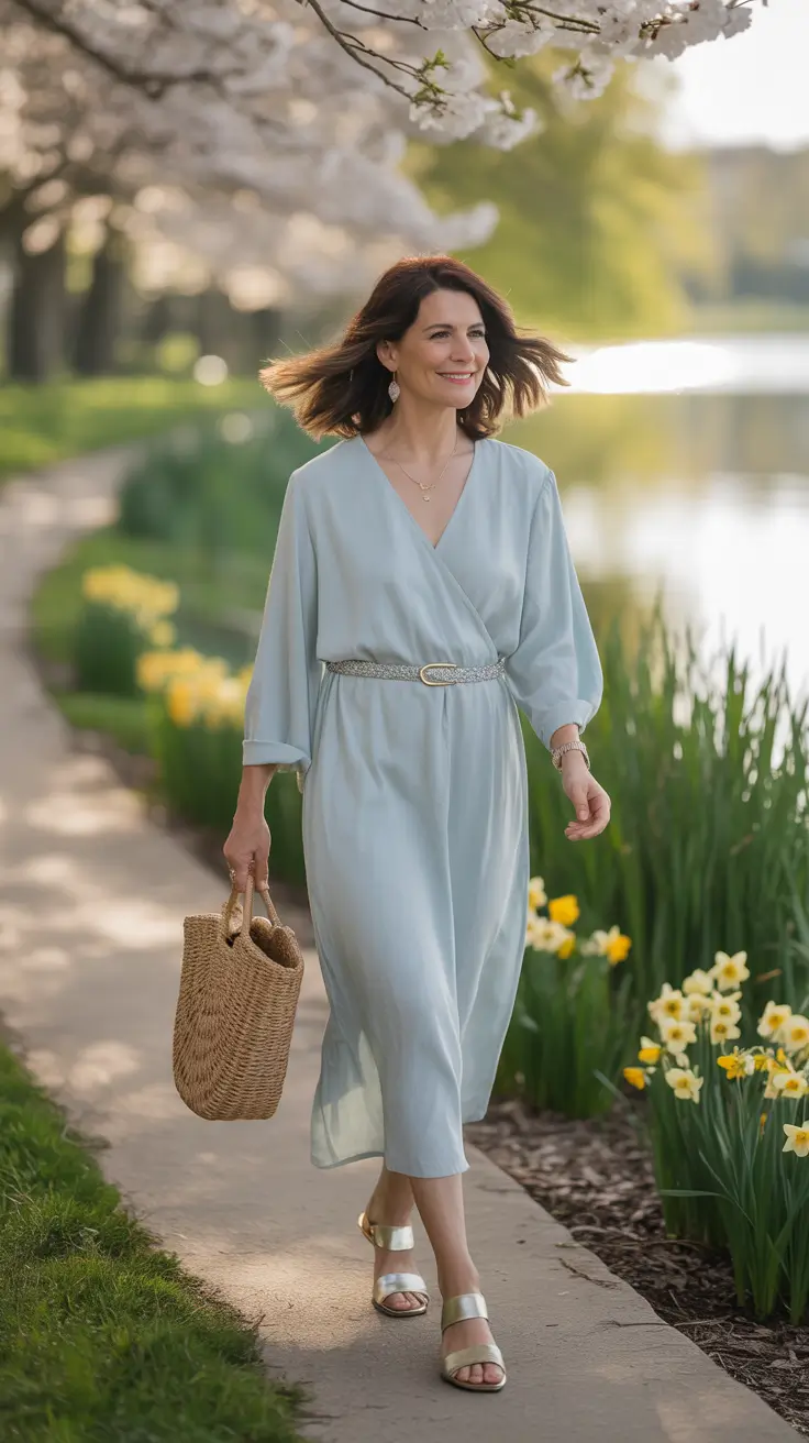 glam spring outfits for women over 50 2026 - Powder-Blue Wrap Dress with Soft Belt Detailing