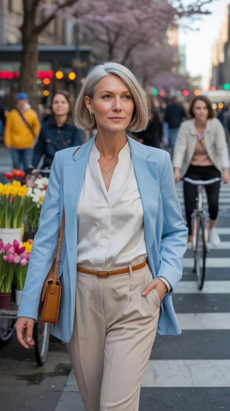 glam spring outfits for women over 50 2026 - Sky-Blue Blazer with Cream Blouse and Tailored Trousers