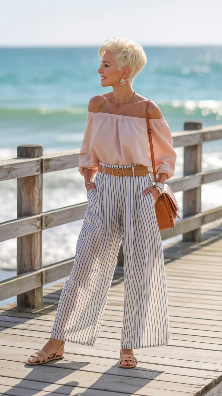 glam spring outfits for women over 50 2026 - Striped Wide-Leg Trousers with a Blush Off-Shoulder Top