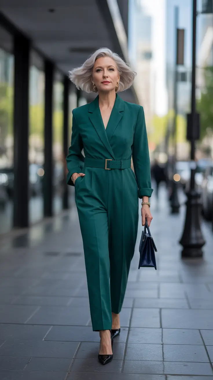 glam spring outfits for women over 50 2026 - Teal Belted Jumpsuit with Sleek Structure