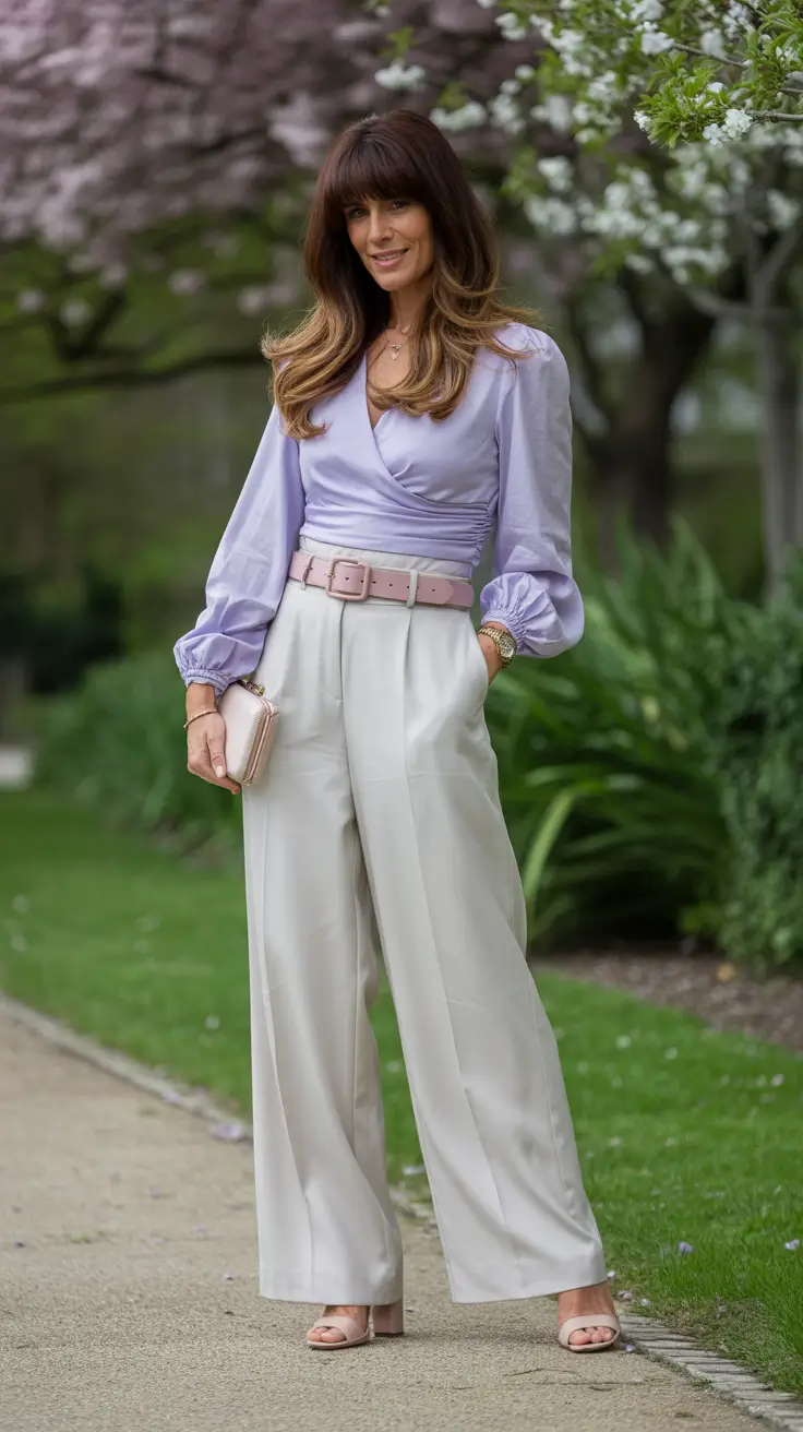 glam spring outfits for women over 50 2026 - Pastel Draping with Wide-Leg Trousers