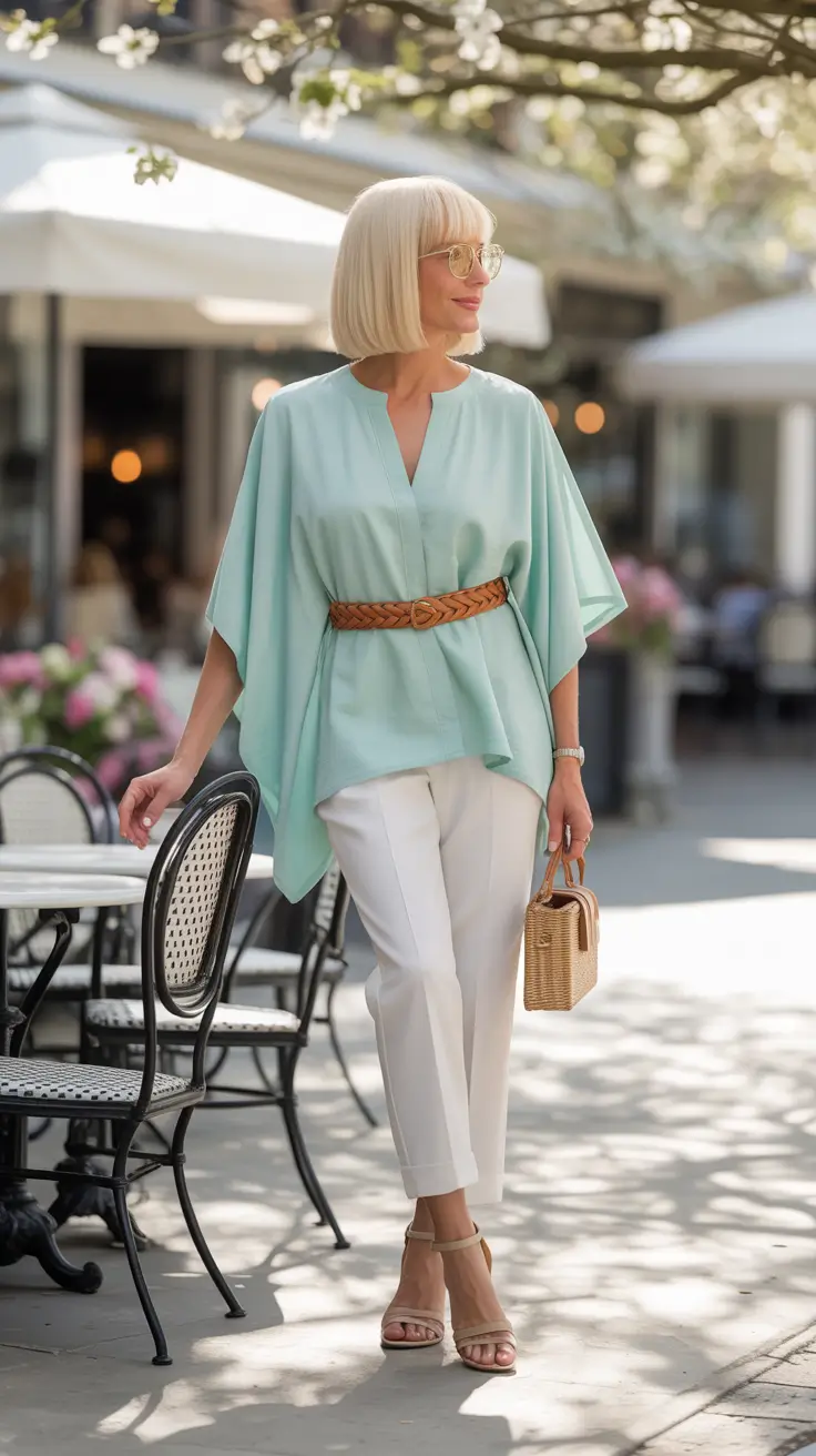 glam spring outfits for women over 50 2026 - Mint Green Tunic with Braided Belt and Crisp White Trousers