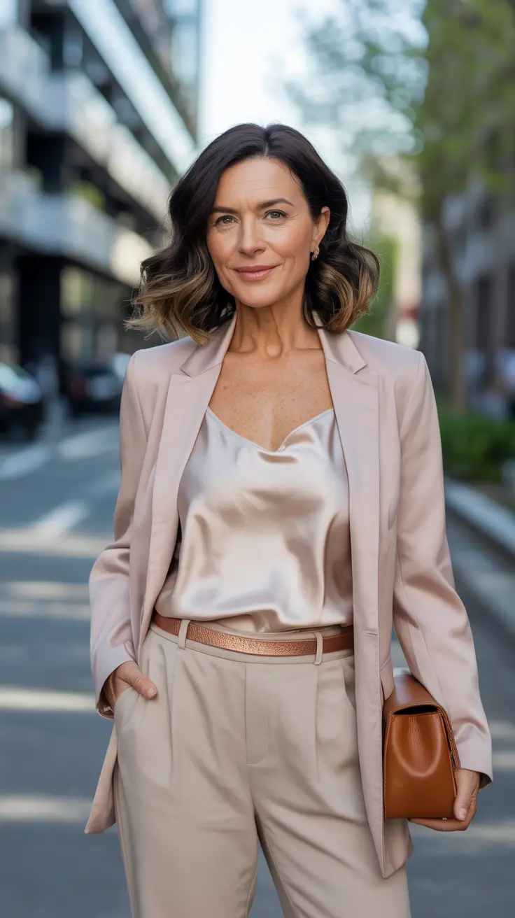 glam spring outfits for women over 50 2026 - Blush Power Suit with Satin Camisole