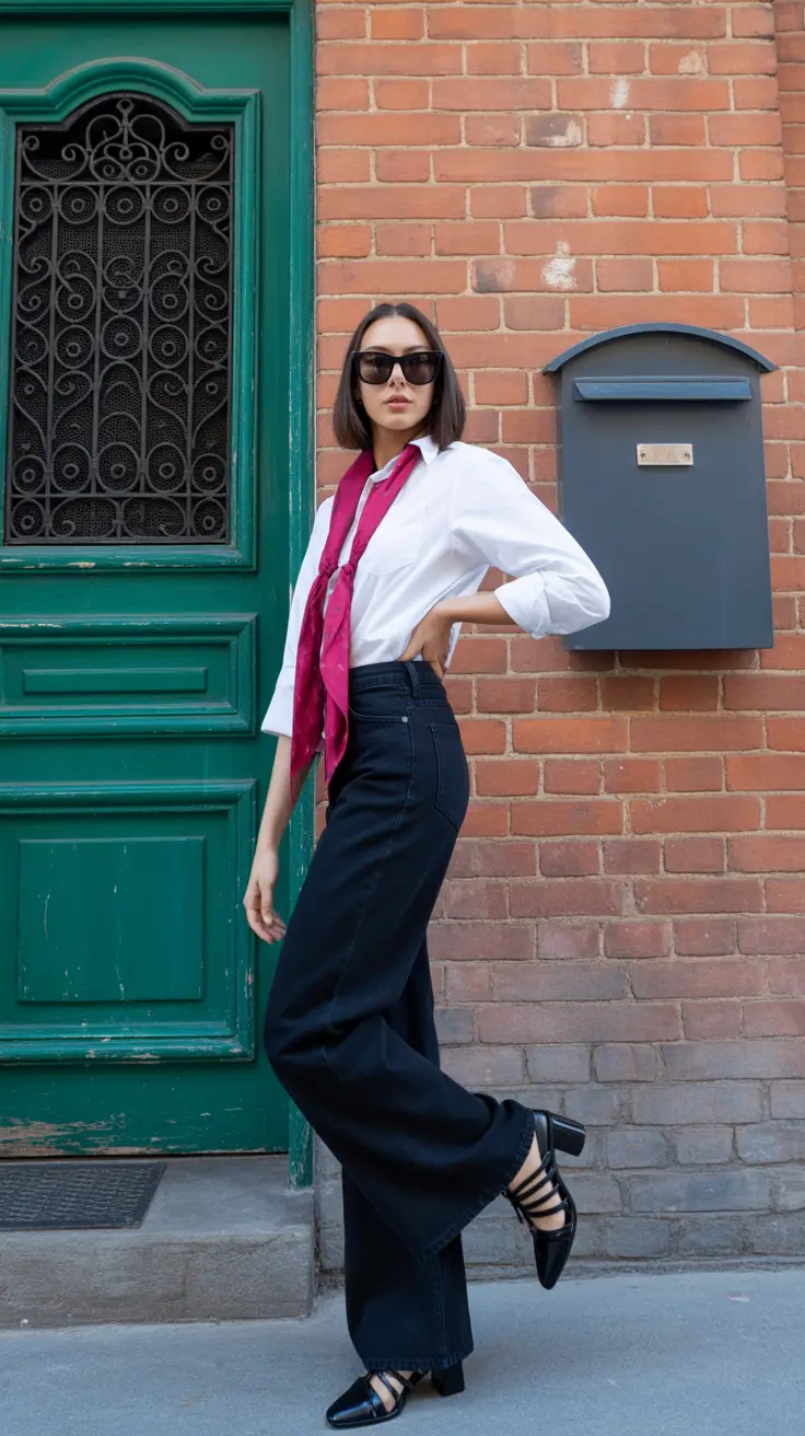 spring Crisp Shirting With Statement Neckwear and Bold Dark Denim