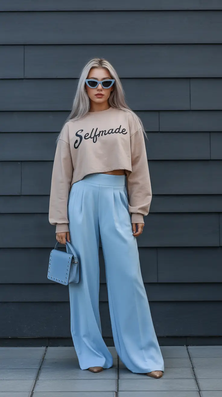 spring Sporty-Minimalist Energy With Powder-Blue Wide Legs