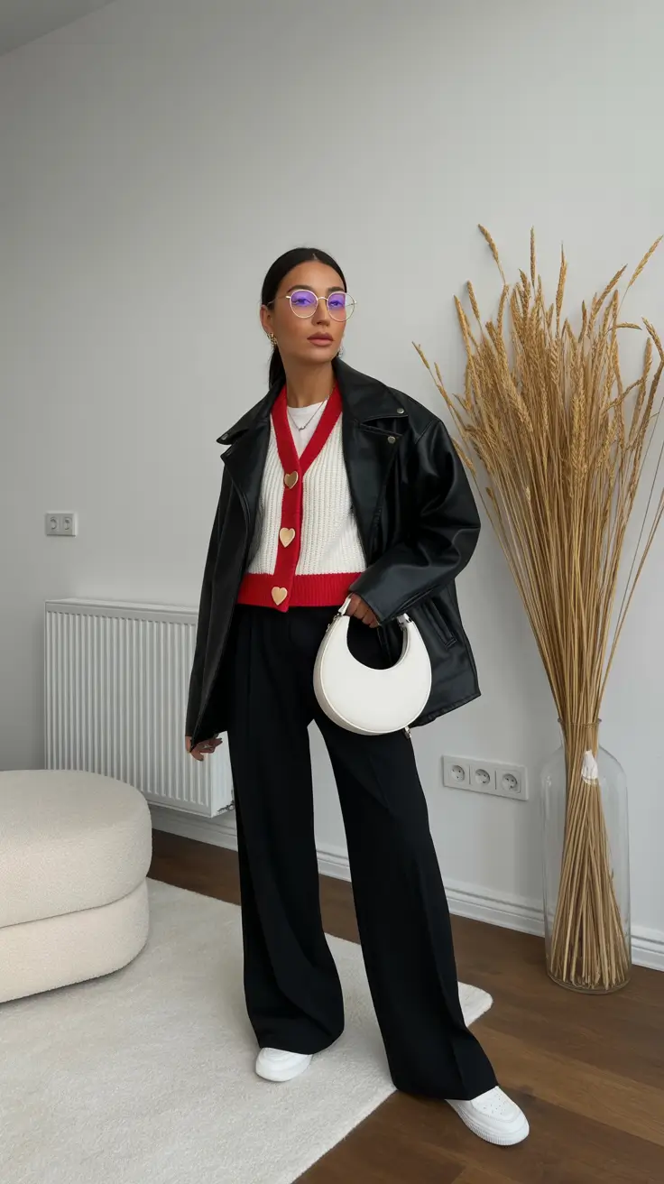 spring Layered Minimalism With Leather and Playful Knit Accents