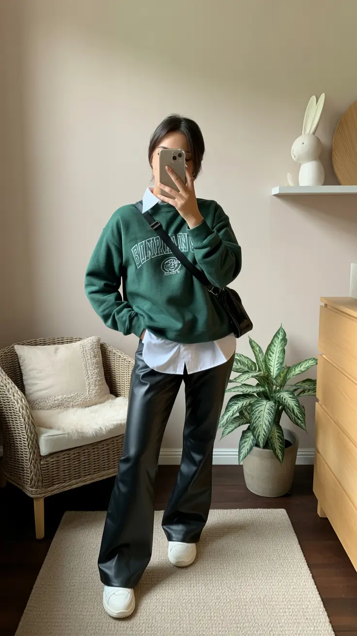 spring Collegiate Minimalism With Leather Trousers