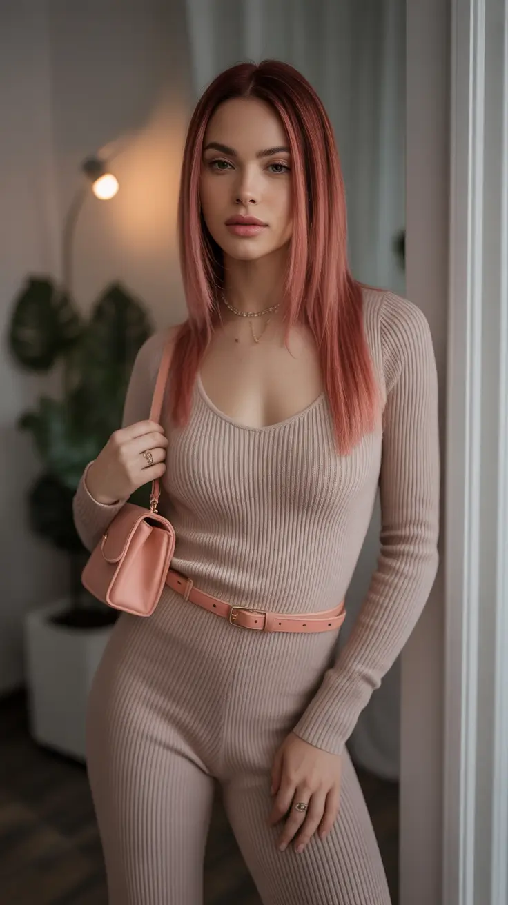 soft-spring-wardrobe-hues-2026 - Warm Taupe Knit With Rose-Tinted Accents