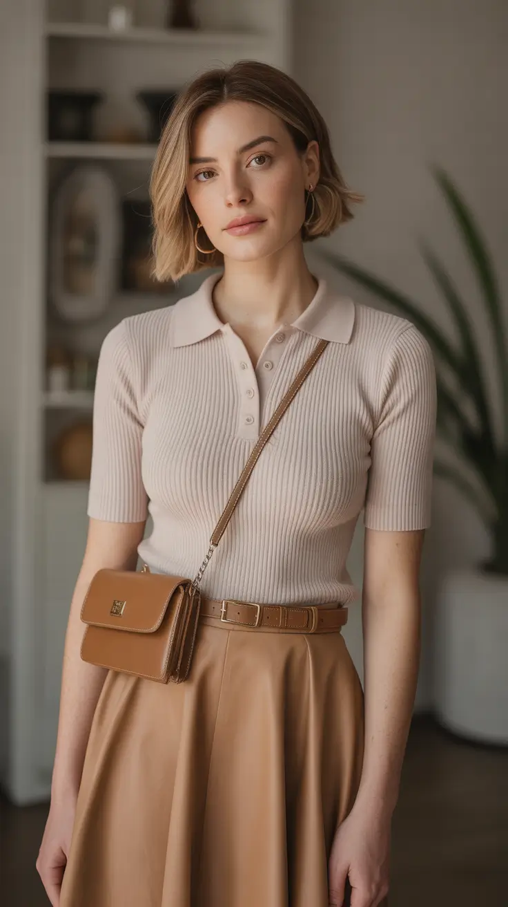 soft-spring-wardrobe-hues-2026 - Almond Polo Knit With Camel Swing Skirt
