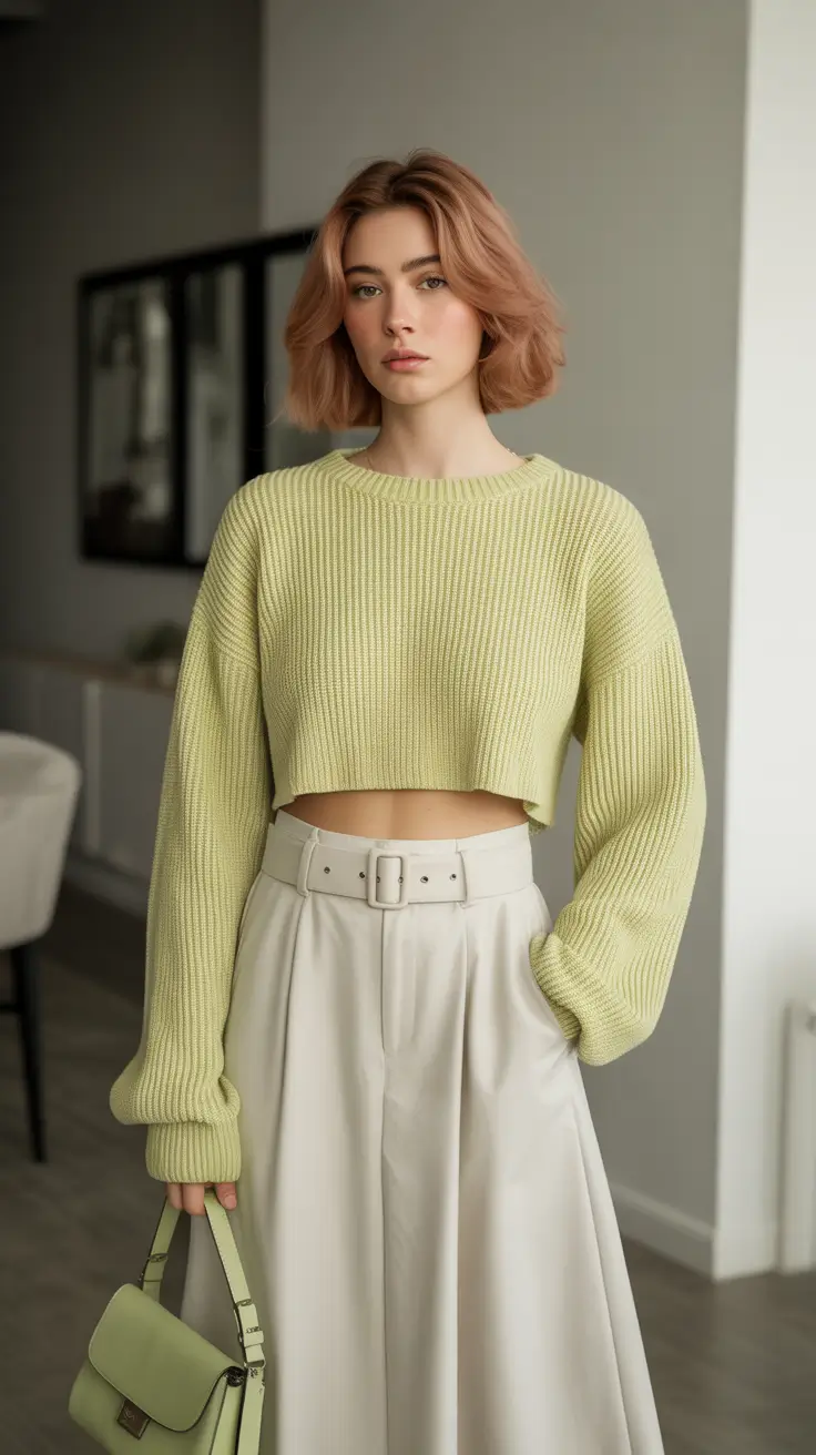 soft-spring-wardrobe-hues-2026 - Lemon Cream Knit With Wide-Leg Neutrals