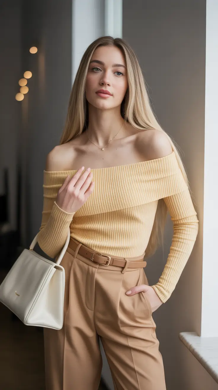 soft-spring-wardrobe-hues-2026 - Muted Butter Off-Shoulder Elegance