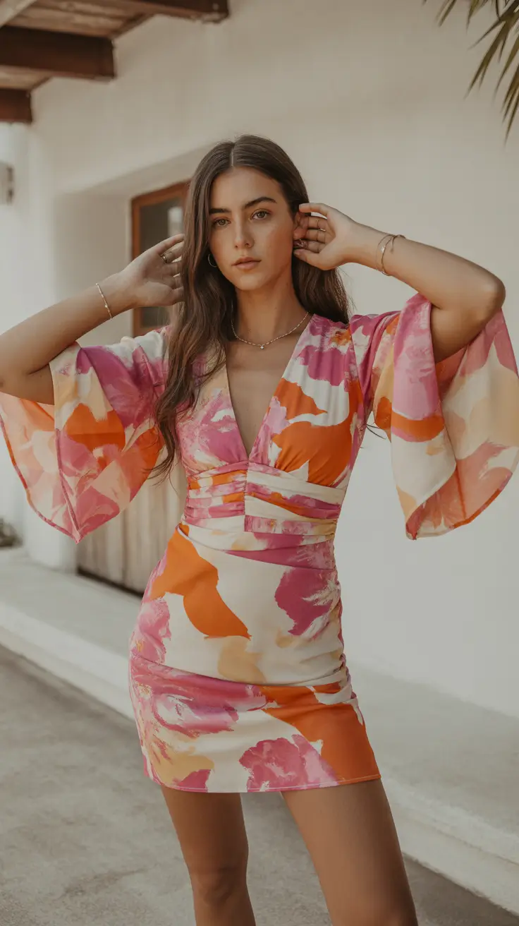 stunning spring wedding outfit 2026 Bold Floral Mini With Breezy Sleeves