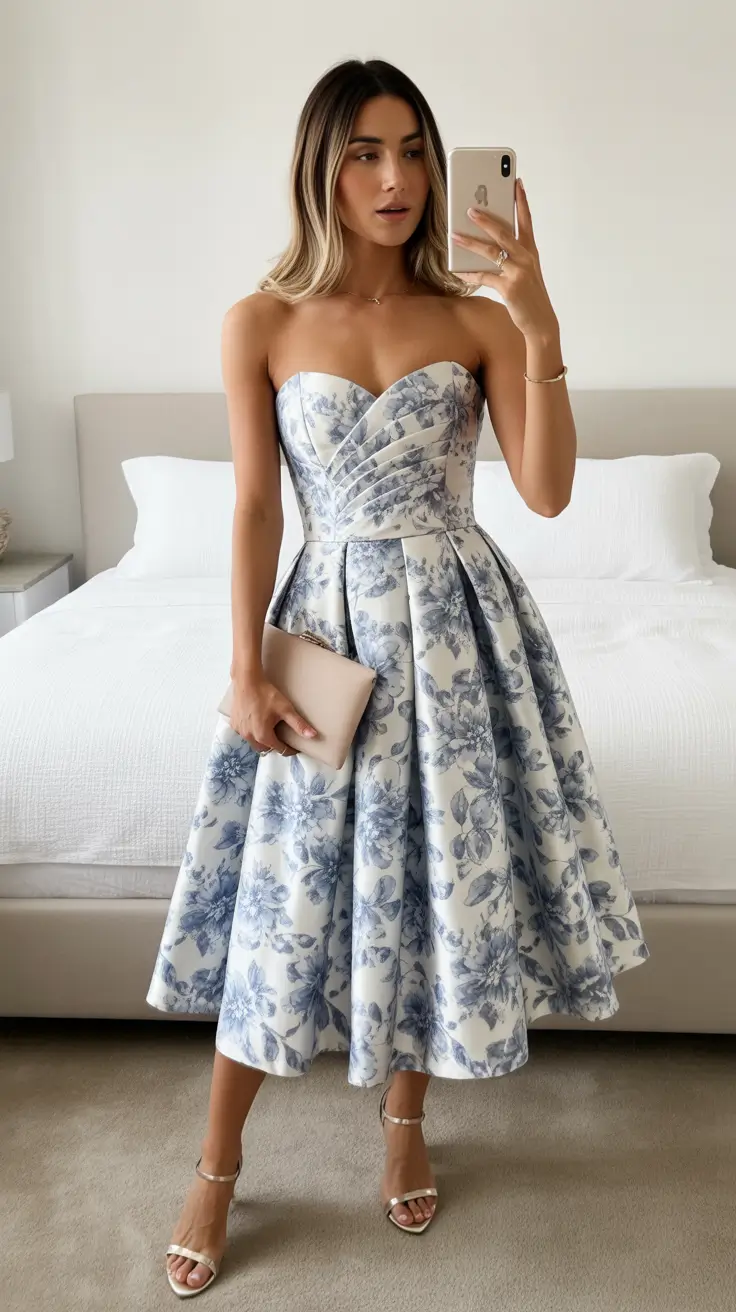 stunning spring wedding outfit 2026 Blue-and-White Floral Elegance With Sculpted Structure