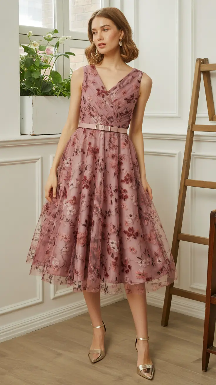 stunning spring wedding outfit 2026 Dusty Rose Tulle With Vintage Floral Depth