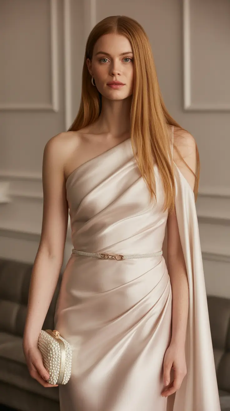 stunning spring wedding outfit 2026 Champagne One-Shoulder Satin With Sculpted Draping