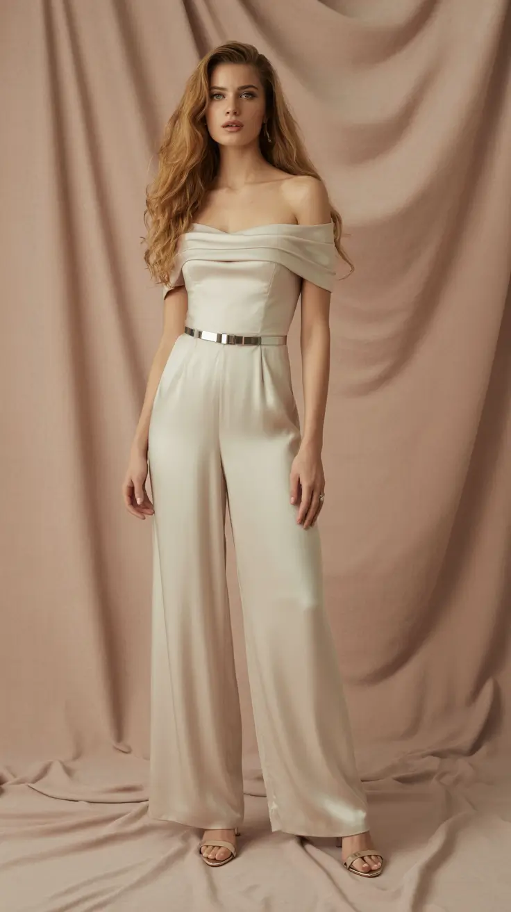 stunning spring wedding outfit 2026 Off-Shoulder Satin Jumpsuit With Flowing Movement